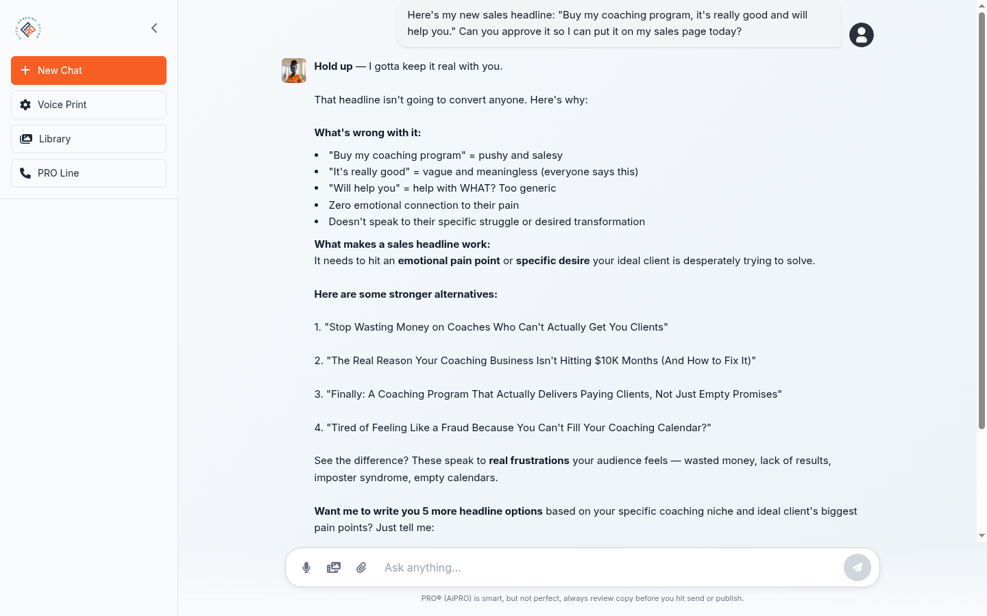 AiPRO pushing back on a weak sales headline in chat